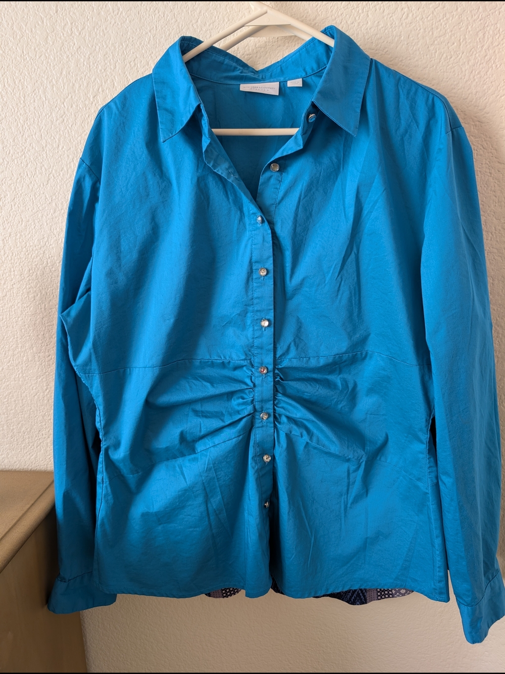 New York & Company Bright Teal Button-Front Ruched Blouse
